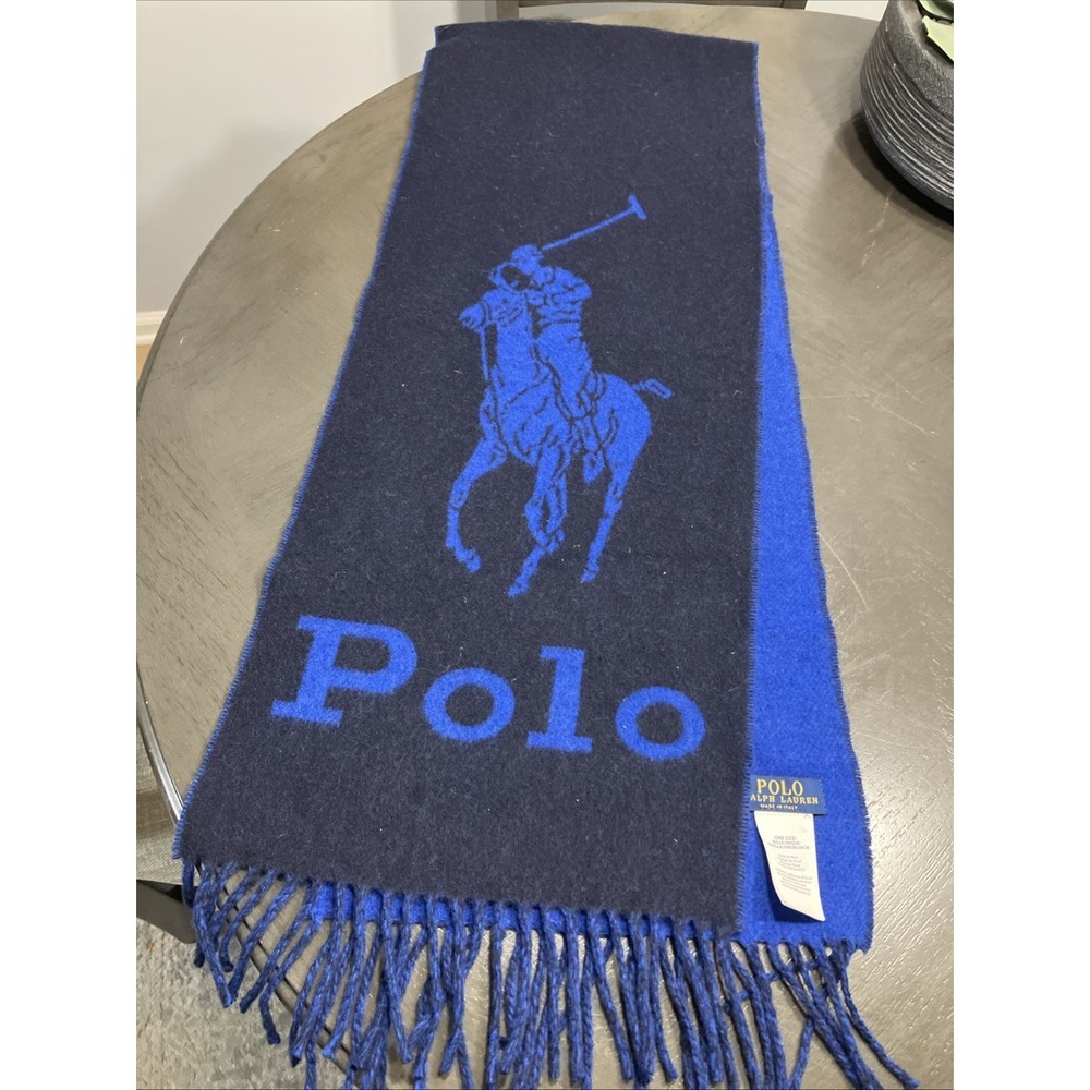 Polo RALPH LAUREN Unisex Mens Womens Scarf Blue BIG PONY Wool Blend REVERSIBLE